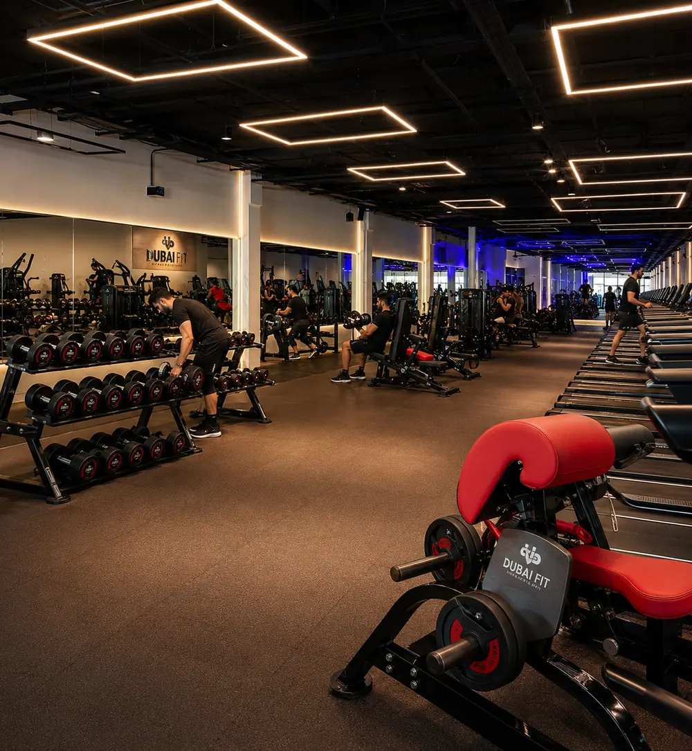 Salão de musculação da Dubai Fit em Caruaru, com halteres, aparelhos e esteiras