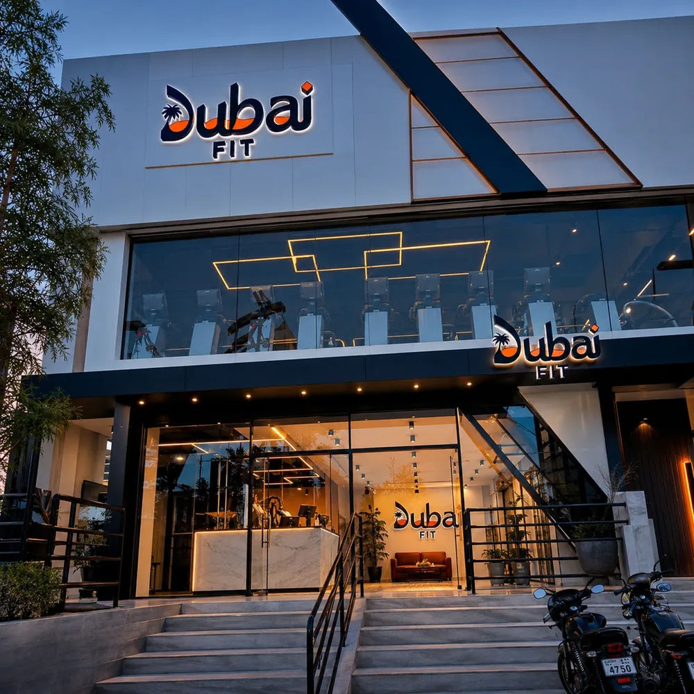 Fachada da Dubai Fit em Caruaru, academia iluminada ao entardecer