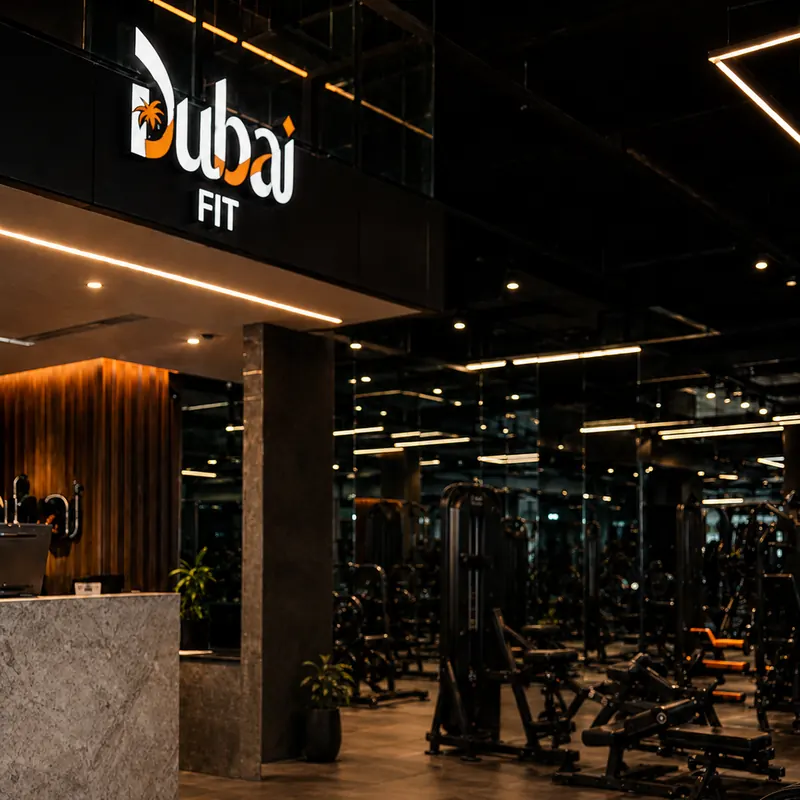 Recepção da Dubai Fit com o letreiro da marca e o salão de musculação ao fundo