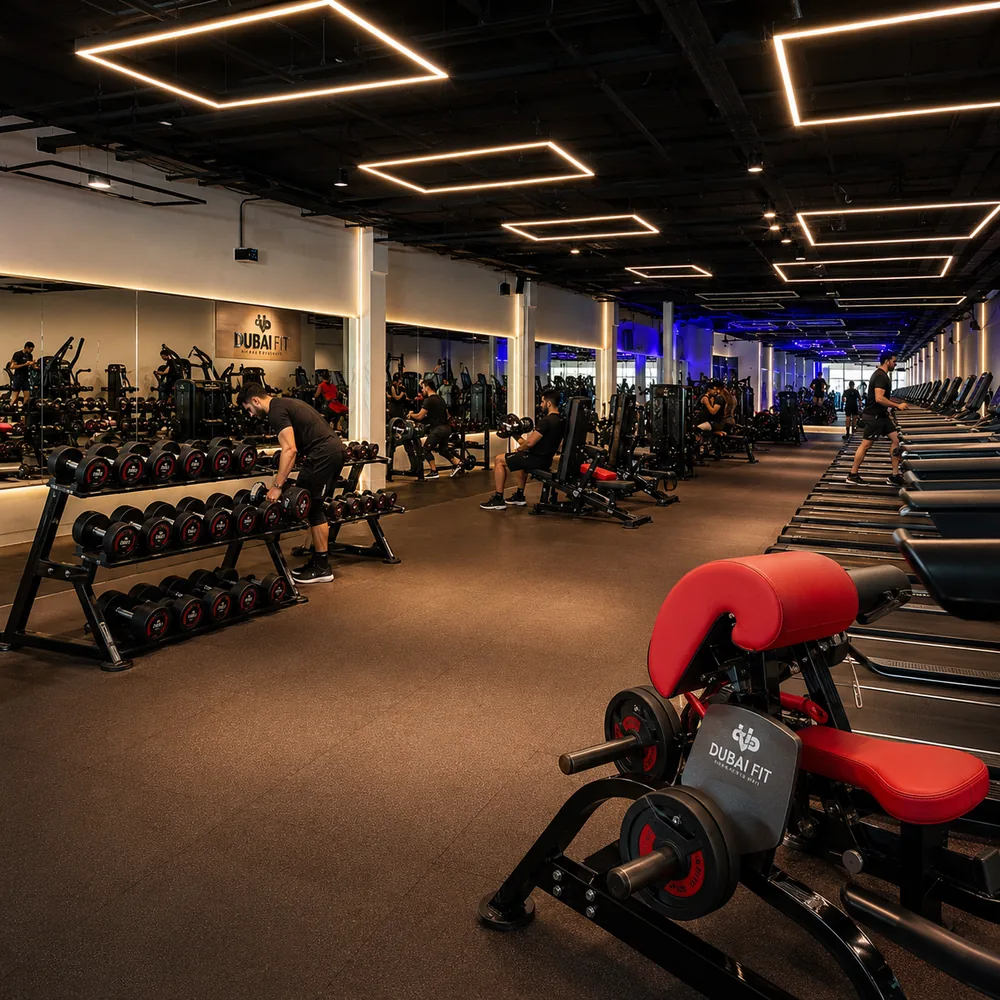 Salão de musculação da Dubai Fit com halteres, aparelhos e esteiras